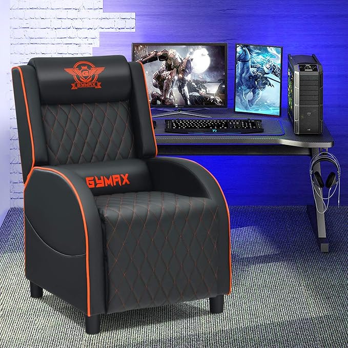 GYMAX Massage Gaming Recliner Chair Ergonomic Racing Style Single Sofa with Adjustable Headrest Backrest & Footrest Home Theater Sofa for Living Room Office (Orange)