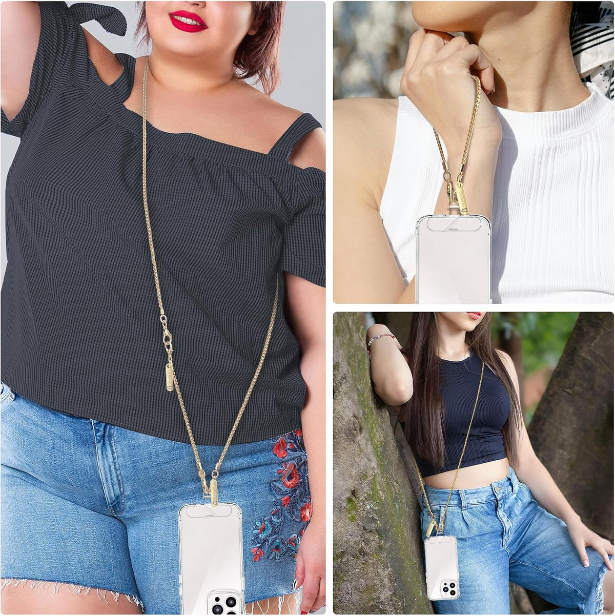 Metal Phone Chain, Crossbody Detachable Phone Lanyard with 1*Wrist Strap & 2* Tether Tabs for iPhone and Smartphones (Gold,Extend)