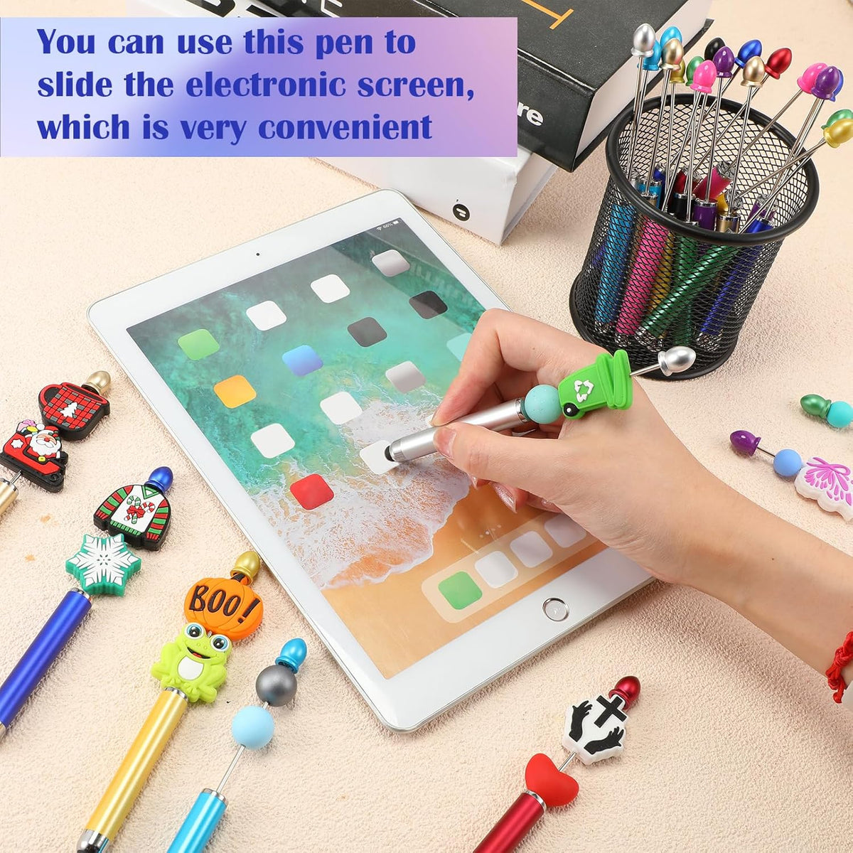 Qilery 30 Pcs Beaded Pens with Stylus Tips Plastic Beaded DIY Stylus 2-in-1 for Rubber Touch Screen Handwriting Ballpoint Pen 1.0mm, Black Ink, Office Supplies(Colorful)