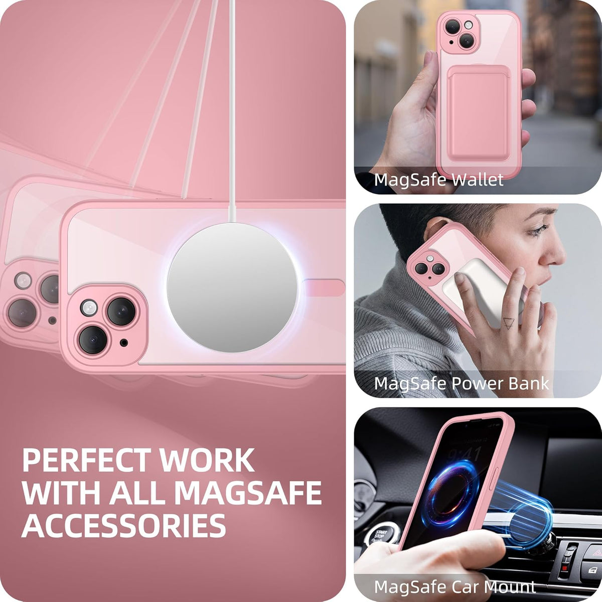 BERFY Magnetic for iPhone 14 Case, Compatible with MagSafe, Built-in Privacy Screen Protector and Upgraded Camera Protection, Anti-Spy Full Body Shockproof Phone Case for 14 6.1", Pink