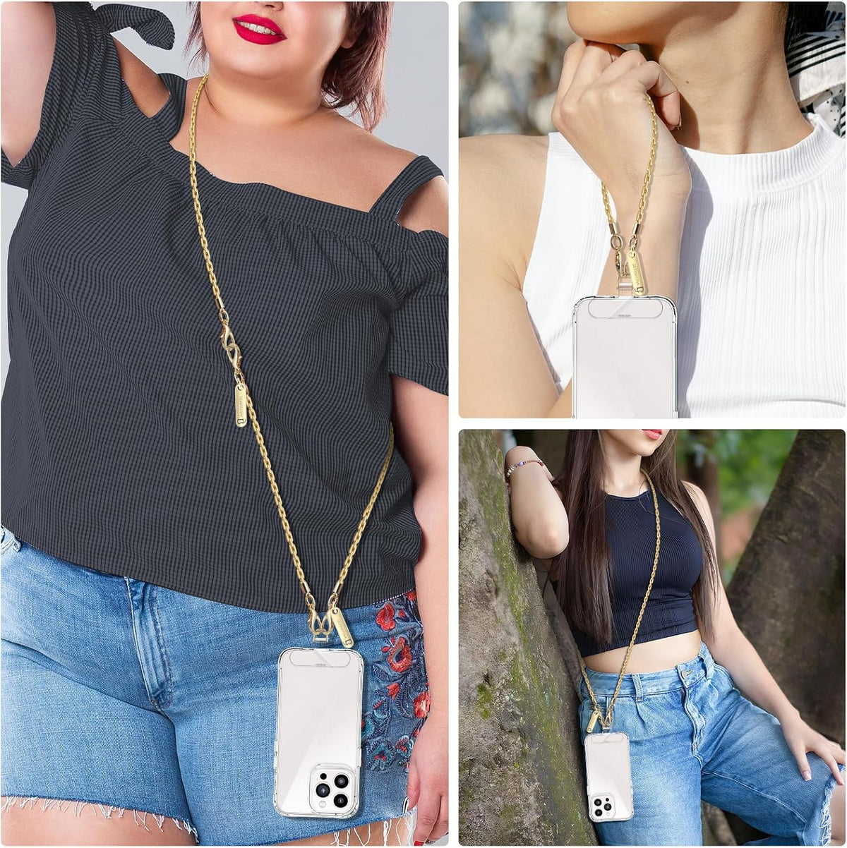 Metal Phone Chain, Crossbody Detachable Phone Lanyard with 1*Wrist Strap & 2* Tether Tabs for iPhone and Smartphones (PaleGold,Extend)