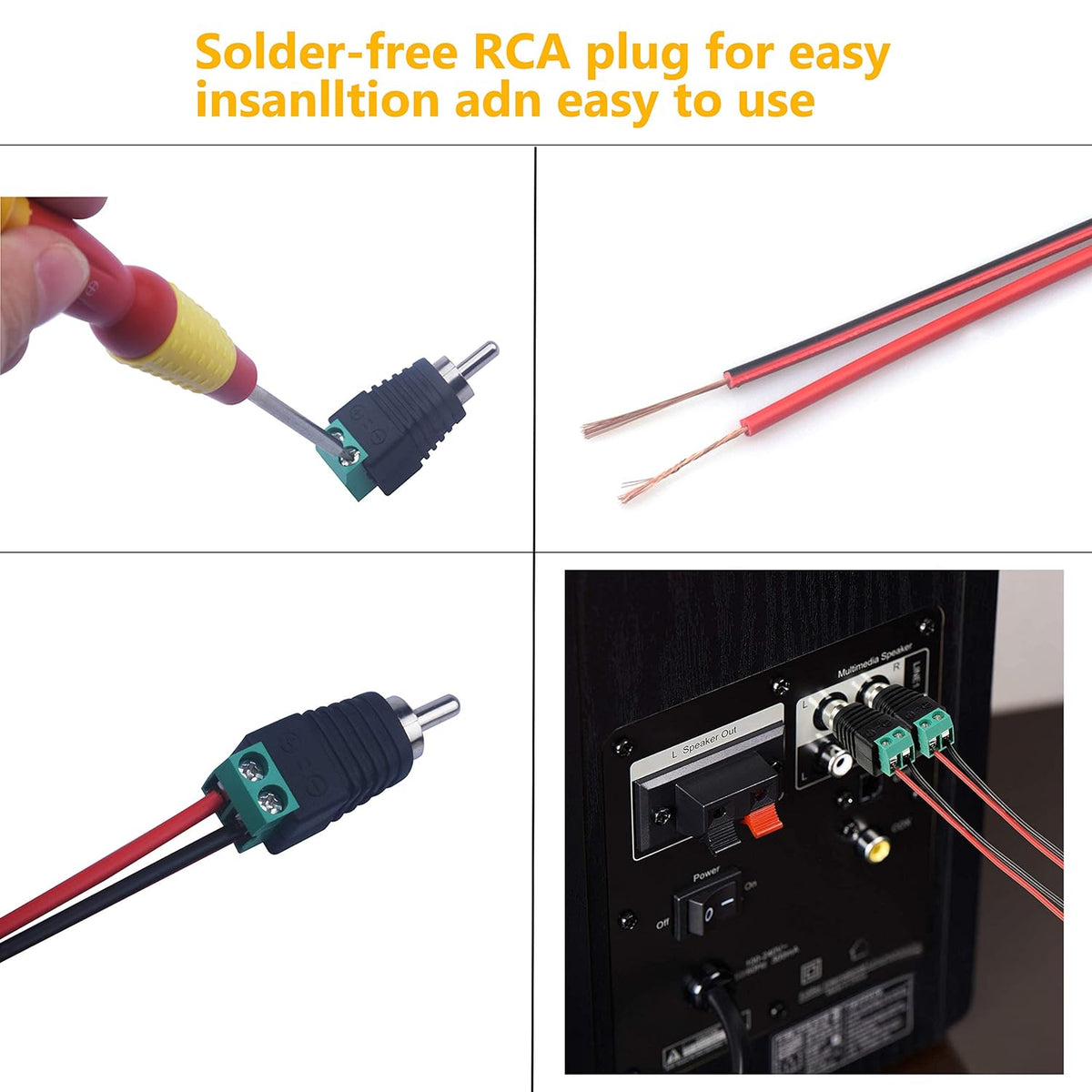 RCA Plugs for Speaker Wire, RCA to AV Screw Terminal Connector, Phono RCA Male Plug Solderless Converter Audio/Video Speaker Wire Connectors Solderless Adapter(12 Pack)