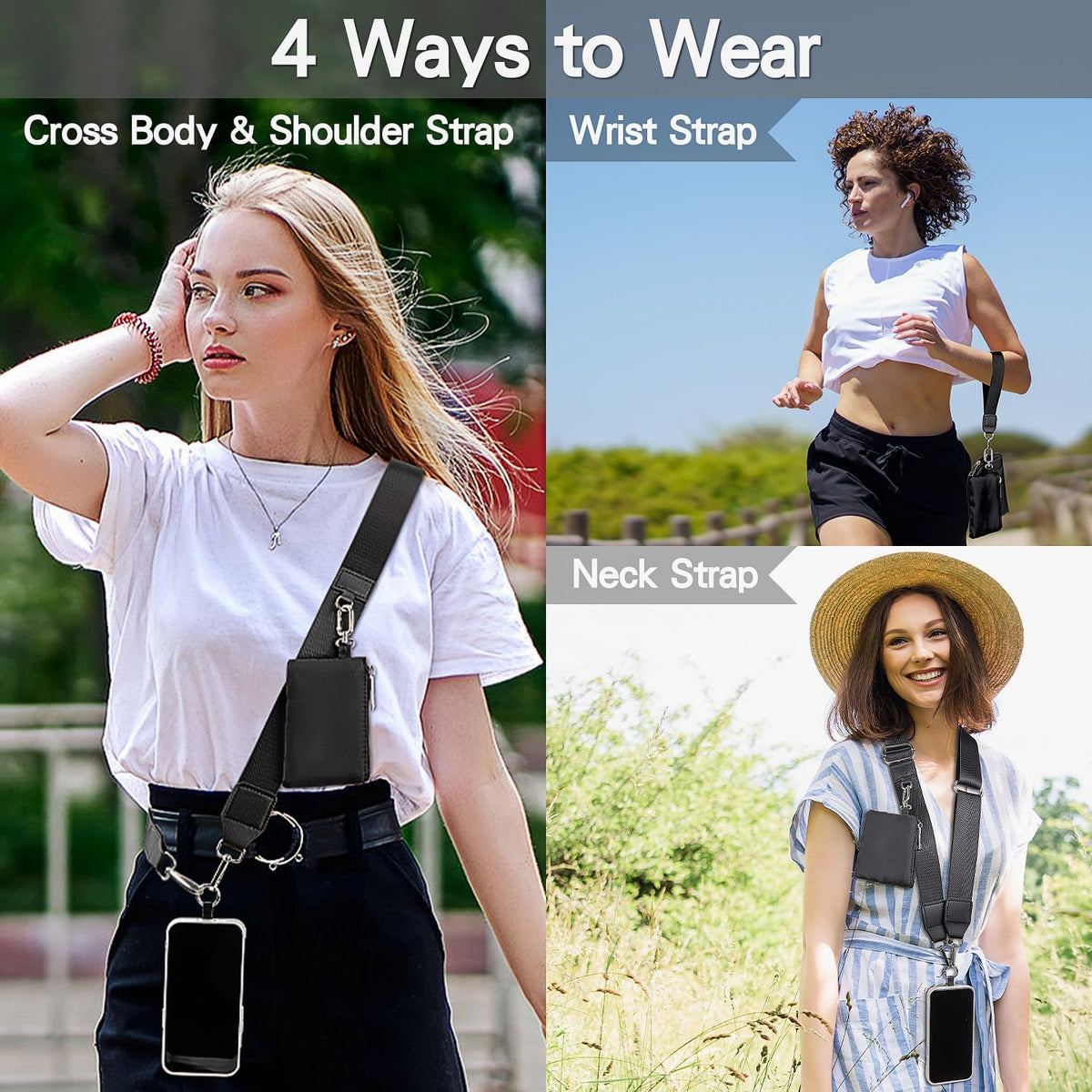kullder Clip and Go Phone Strap Crossbody with Zipper Wallet, 2 Pcs-Crossbody Lanyard & Wrist Strap-1 Pad, 2 Wallets, Save Girls Phone Strap with Pouch, Universal Lanyard Cellphone Holder (Black)