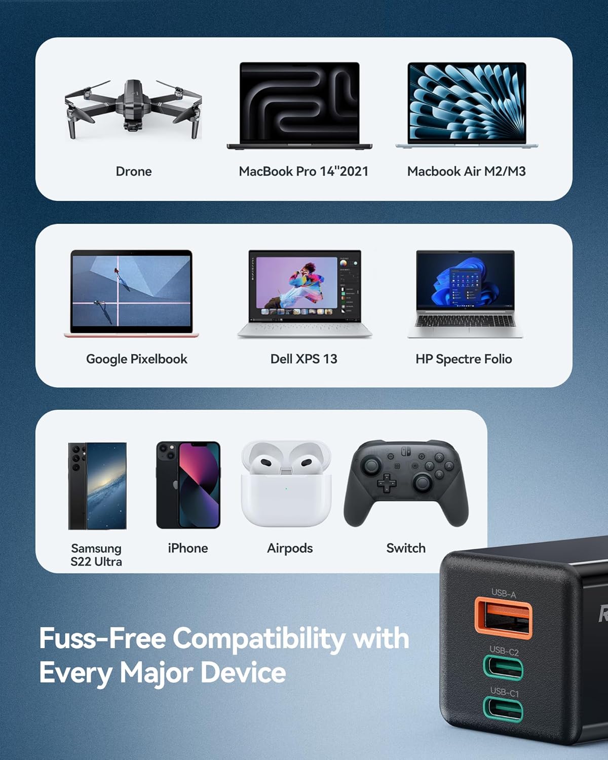 Ruko PD65W USB C Charger, 3-Port GaN Fast Charger Block, Compact Foldable Wall Charger for iPhone 16/15, MacBook Pro/Air, Galaxy S24, Pixel, Drone, Switch and More, Black