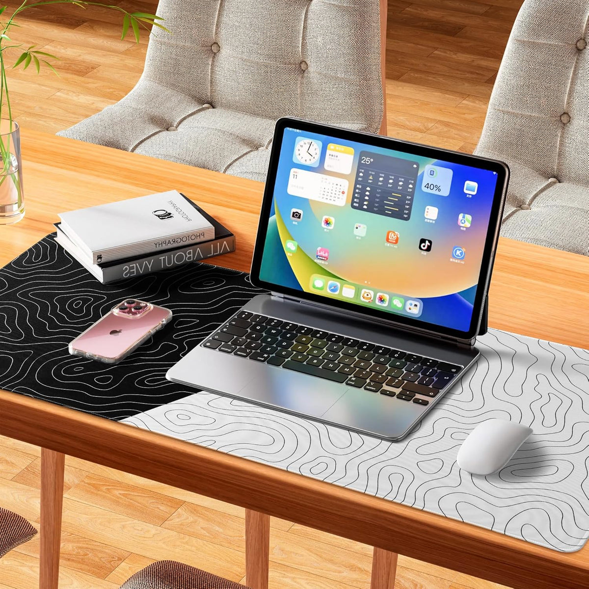 XVX Black and White Topographic Mousepad, XXLarge Gaming Mouse Pad for Desk 35.4x15.7 Inch,Waterproof Desk Pad with Non-Slip Rubber Base Mice Pad,Keyboard Mat Computer Game Mouse Mat