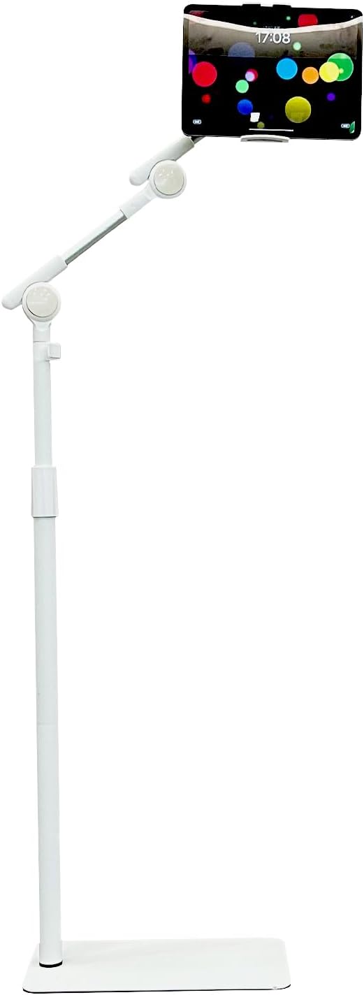 Tablet Floor Stand Holder, 360 Degree Rotating with Height Adjustable Stand Compatible with 4.7"-13" Phone/Tablet, Kindle, 63" Phone Stand, Aluminum Alloy, for Bed,Sofa,Desk（White）