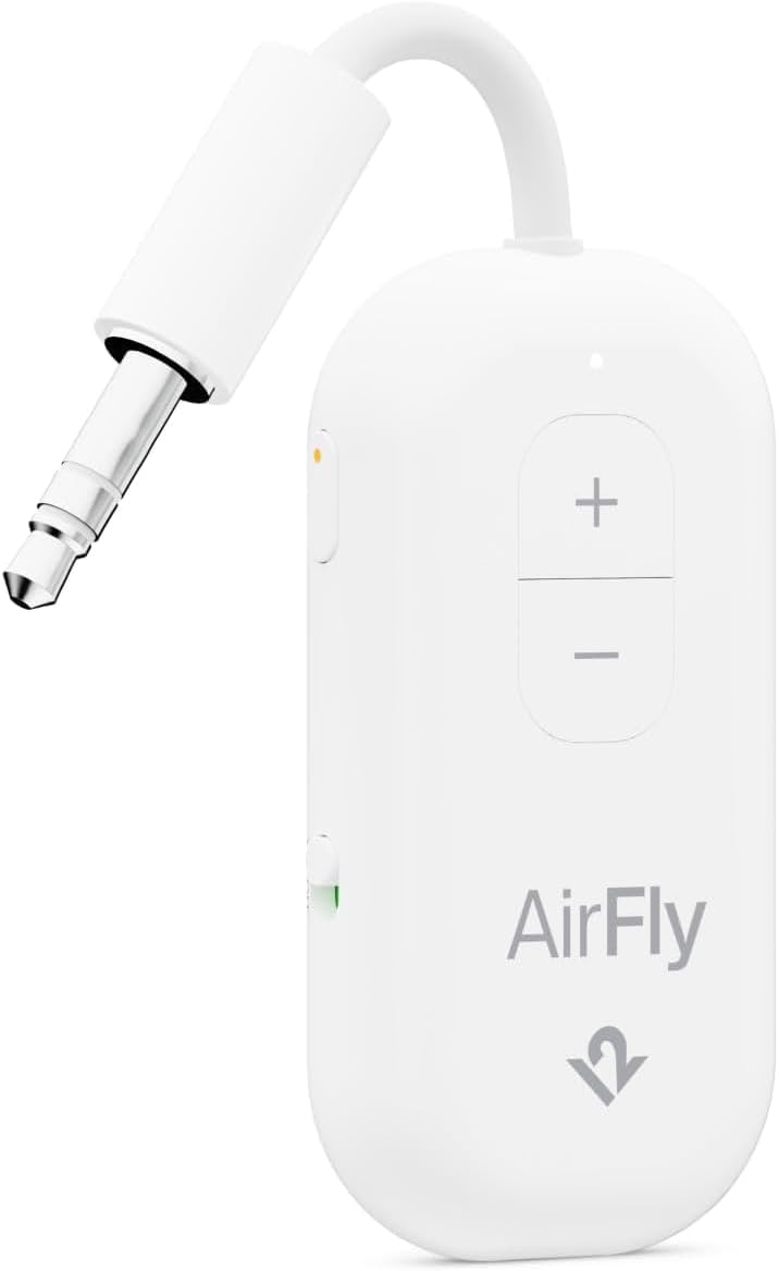 AirFly Pro 2 – Bluetooth Adapter for Airplane, Pair 2 AirPods or Wireless Headphones – 3.5mm AUX Bluetooth Transmitter and Receiver for Cars, Boats, Treadmills, TVs– Airplane Travel Essentials, Black