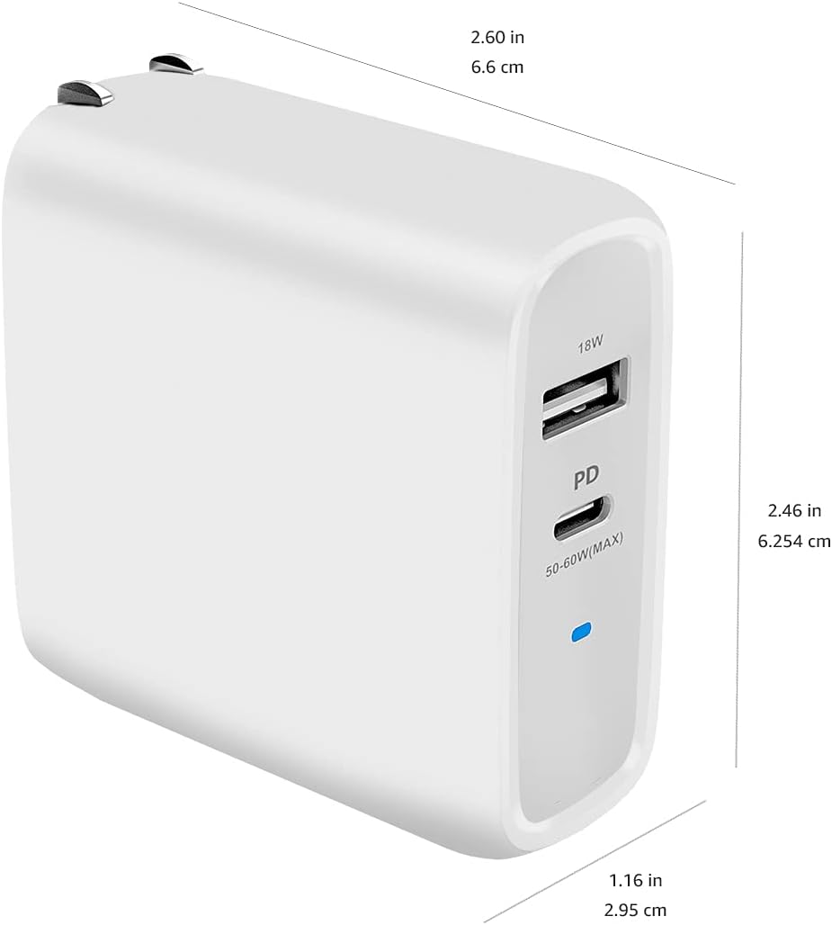 Amazon Basics 68W Two-Port GaN Wall Charger with 1 USB-C (60W) & 1 USB-A Ports (18W) with PD for Laptops, Tablets & Phones (iPhone 16/15/14/13/12/11/X, iPad, MacPro, Samsung, and more), Non-PPS, White