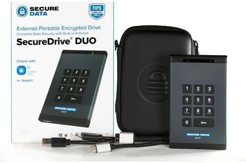 SecureData SecureDrive DUO 2 TB Encrypted External Hard Drive SSD FIPS 140-2 Level 3 Unlock via Keypad or Mobile TAA Compliant CJIS HIPAA CMMC GDPR Compliant | External Hard Drive Port : USB 3.0