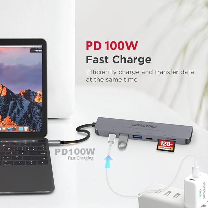 【USB C Hub】 Gigastone Multiport Adapter 7-in-1 USB C Docking Station with 4K HDMI 100W Power Delivery USB-C&amp 2 USB 3.0 SD &amp MicroSD Reader for MacBook Air/Pro Chromebook Zenbook Surface