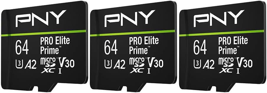 PNY 64GB PRO Elite Prime C10 U3 V30 A2 microSDXC Flash Memory Card – Ultra-Fast Speeds, Read 200MB/s, Write 110MB/s, 4K UHD, Full HD, UHS-I, for Smartphones, Drones, Action Cameras, 3-Pack