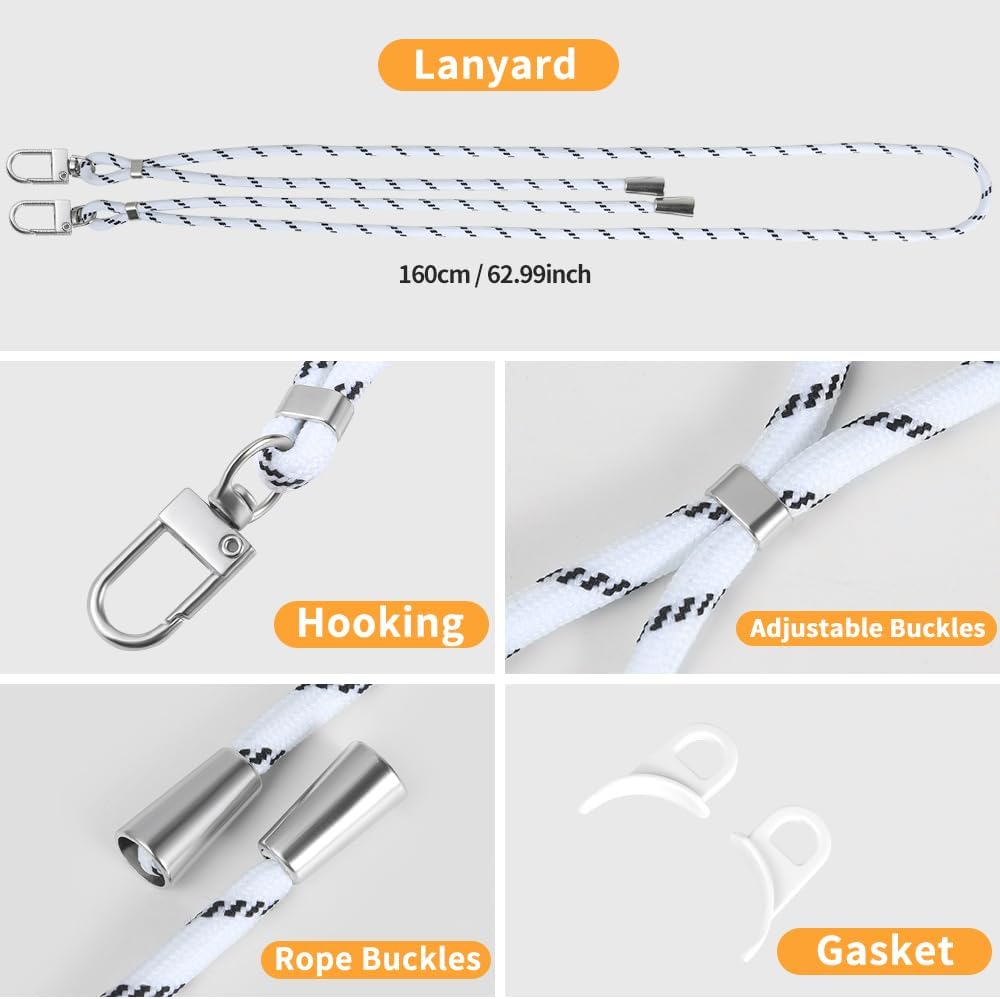 for iPhone 15 Pro Case with 62.99 inch Lanyard, Classic Clear&White Magnetic Phone Case, Drop&Shockproof Protection Cases, Phone Lanyard for Around The Neck, Compatible with Magnet Accessory