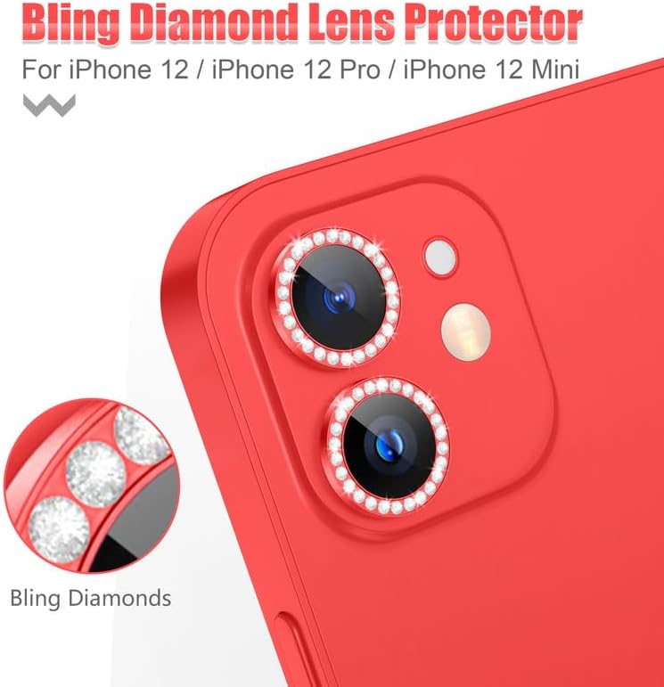 AGVEE 3+3 6 Pack for iphone 12 Pro/12/12 Mini/11 Pro Max/11 Pro/11 Camera Lens Cover Protector, Bling Diamond & Bling Glitter Metal Ring 9H Tempered HD Glass Camera Protector, Bling-Red