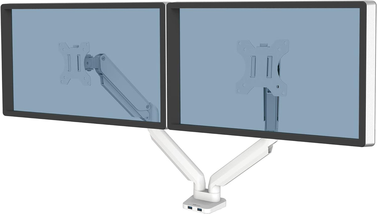 Fellowes Platinum Series Dual Monitor Arm for 40-Inch Monitors, Full Motion, 360° Rotation, VESA Mount with Grommet or Clamp, USB Ports, Ergonomic, White, 8056301
