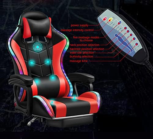 Gaming Chair with 7-Point Massage Function Ergonomic Computer Chair with Footrest and Lumbar Support Video Gaming Chair with RGB Lights and Speakers Adjustable Backrest Swivel ChairBlack