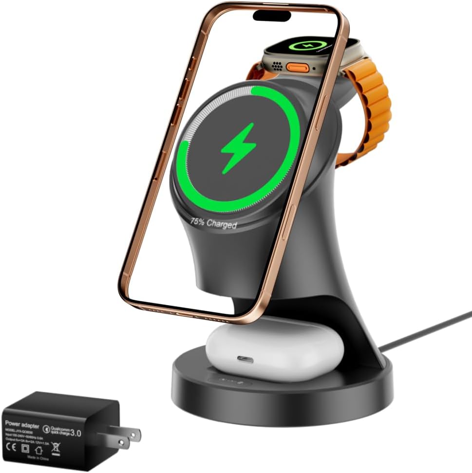 3 in 1 Wireless Charging Station for Apple Devices,Magsafe Charger Stand for IPhone16 15 14 13 12 Pro/Max/Plus/Mini Wireless Charger Station for AirPods 2/3/Pro iWatch Ultra/8/7/SE/6/5/4/3/2