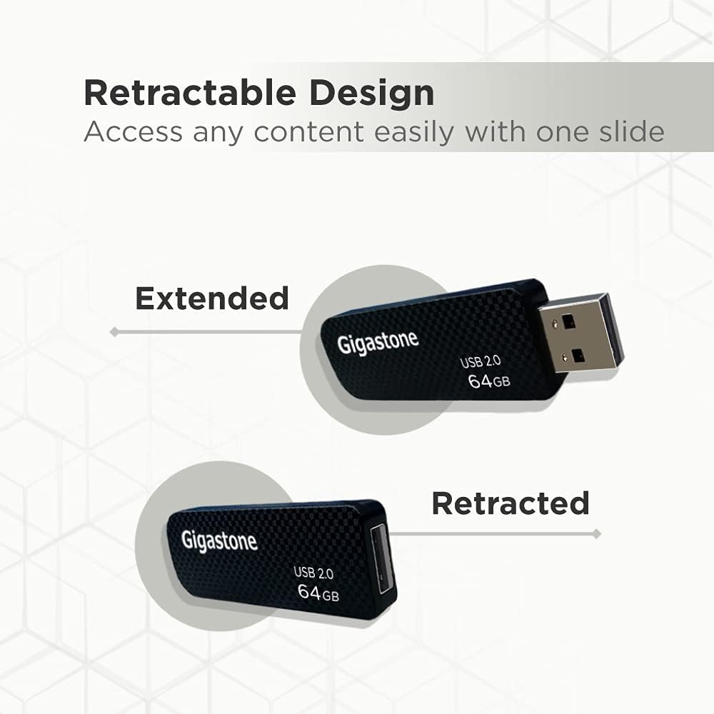GIGASTONE V30 64GB USB 2.0 Flash Drive, Retractable Sliding Design Pen Drive, Carbon Fiber Style Thumb Drive, Reliable Performance & Durable
