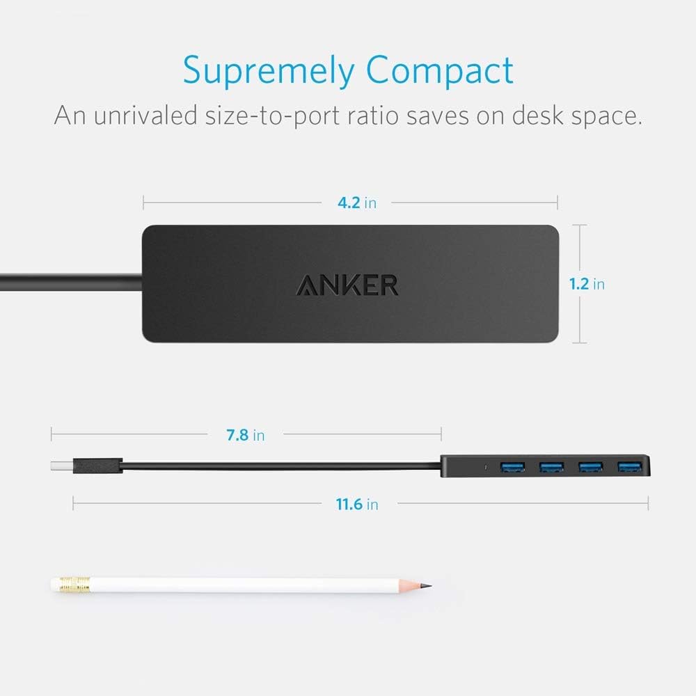 Anker 4-Port USB 3.0 Hub, Ultra-Slim Data USB Hub with 2 ft Extended Cable [Charging Not Supported], for MacBook, Mac Pro, Mac mini, iMac, Surface Pro, XPS, PC, Flash Drive, Mobile HDD