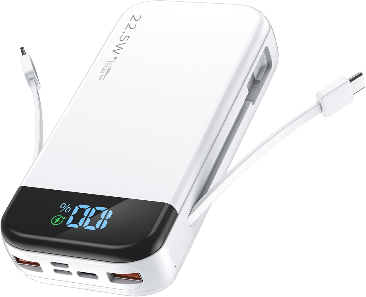 Portable Charger 32000mAh, 22.5W QC 3.0 PD 20W Smart LED Display Fast Charging Built in Cables Power Bank, External Battery Pack Charge 5 Devices Compatible with Cellphones (White)