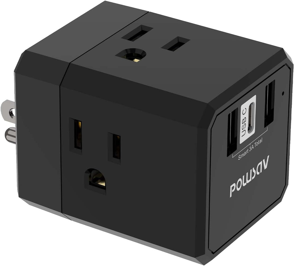 Cruise Ship Essentials, 3-Side Outlet Splitter with 3 USB Ports(1 USB C) USB Wall Charger, Outlet Extender for Home, Office and Cruise, ETL Listed, Black