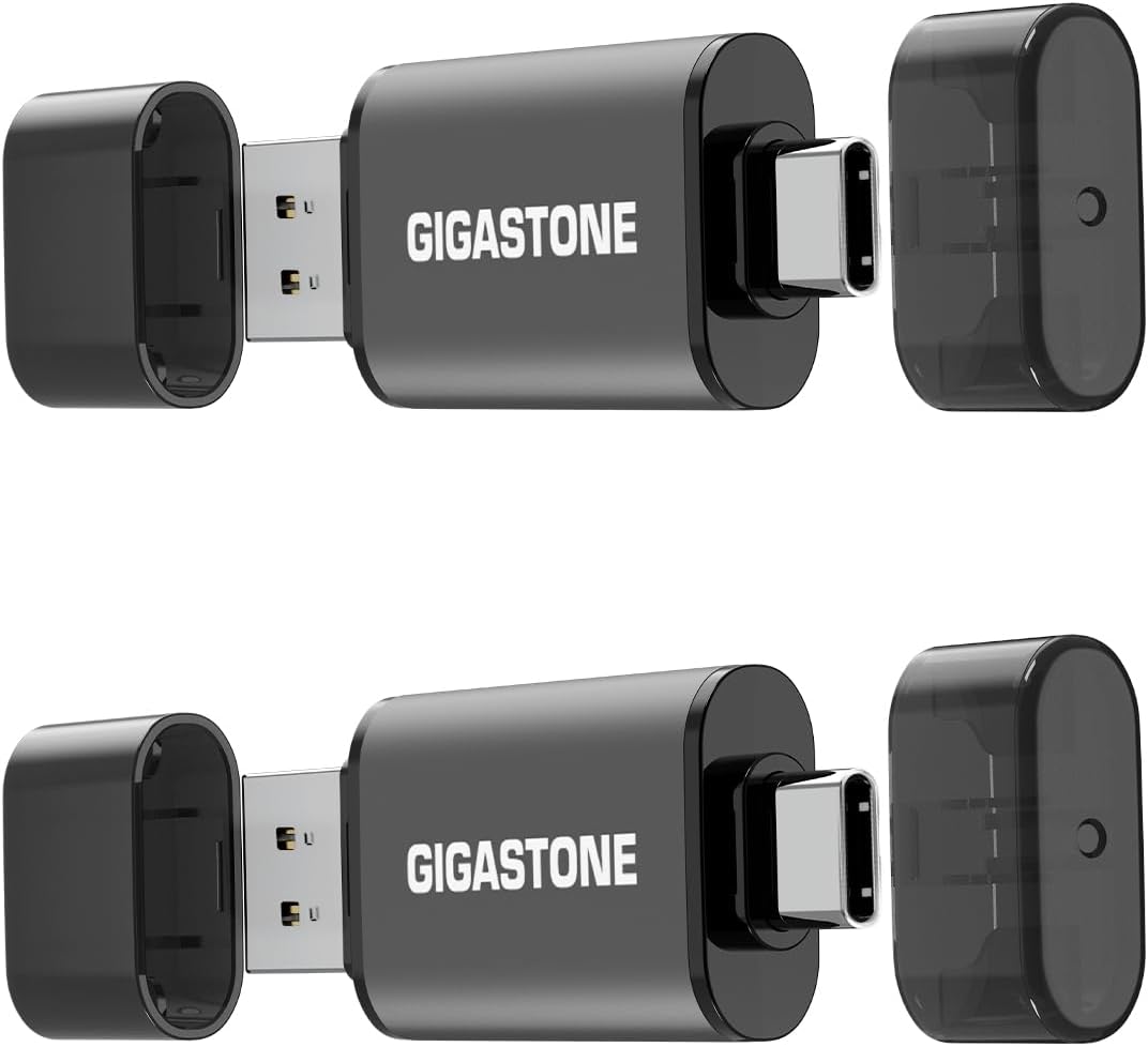GIGASTONE 32GB Dual Flash Drive (2 Pack) Z40 USB 3.2 Gen 1, 2-in-1 Type-A & Type-C, 100MB/s Ultra Fast, Head Cap Design, Plug & Play for Smartphone/PC/Mac/TV/Car Audio, USB 2.0/3.0/3.1 Compatible