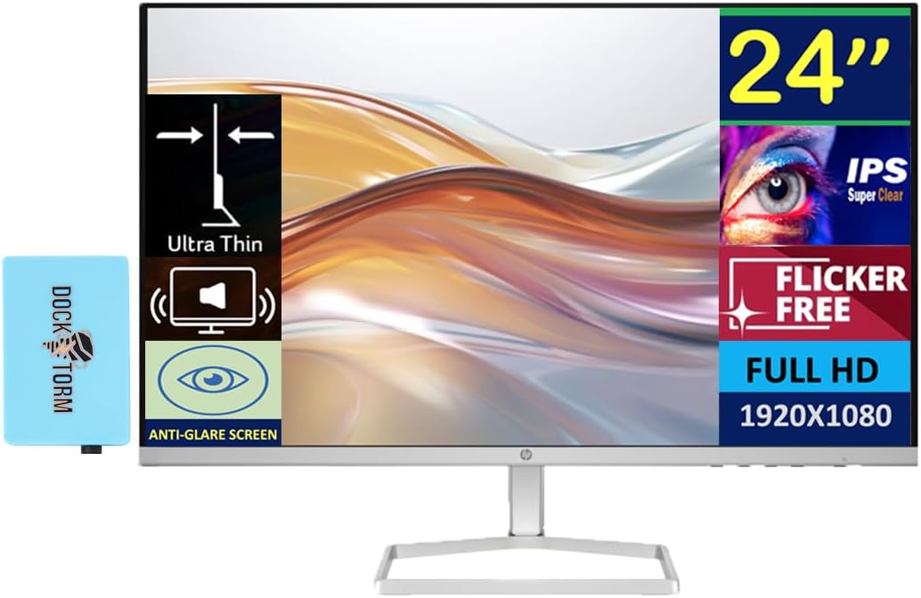 HP Series 5 524sa Monitor with Speakers (Replaces M24fwa) 24" 100Hz IPS FHD 99% sRGB 300 Nits Display, Adjustable Tilt, Flicker-Free, Anti-Glare, White/Silver w/DKZ USB Port Expander