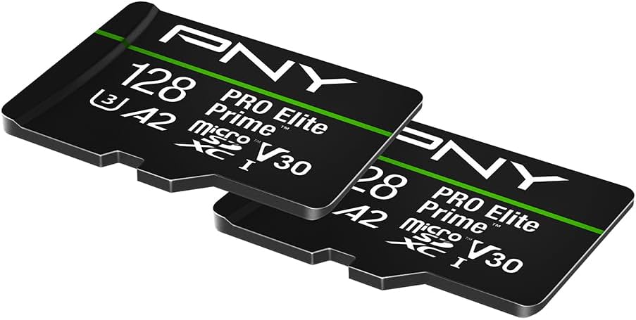 PNY 128GB PRO Elite Prime C10 U3 V30 A2 microSDXC Flash Memory Card – Ultra-Fast Speeds, Read 200MB/s, Write 150MB/s, 4K UHD, Full HD, UHS-I, for Smartphones, Drones, Action Cameras, 2-Pack