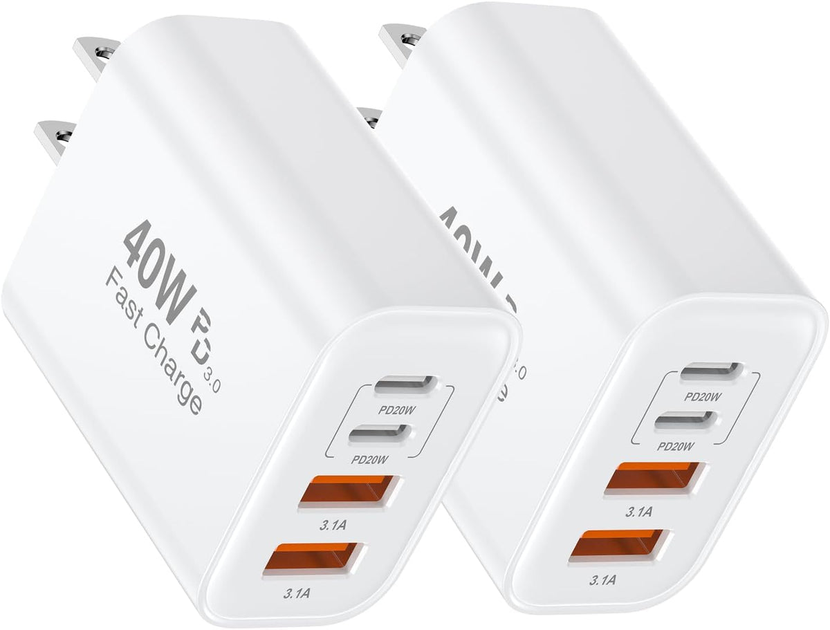[2 Pack] iPhone 16 Charger Block 4-Port,40W USB C PD Power Adapter Fast Charging+ QC 3.0 USB A Multiport Charger Brick for iPhone 16/15/14/13/Pro Max/XS/XR/8/7, iPad, Airpods,iwatch,Samsung,Tablets