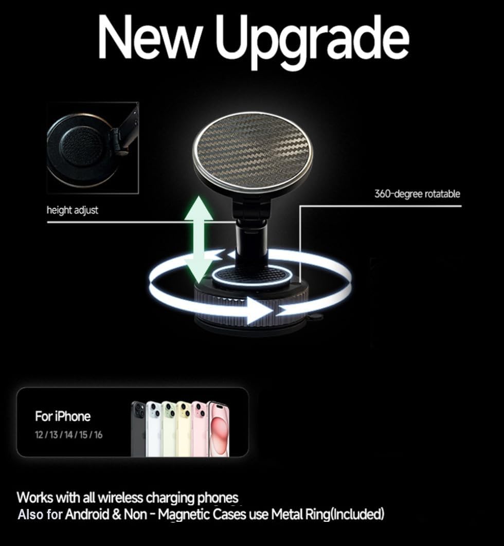 Vacuum Magnetic Phone Holders 15W for Magsafe Car/Motorcycle Mount Wireless Charger 360°Adjustable [78+LBS Strongest Suction & 2400gf Strongest Magnetic] Phone Holder for iPhone 16 15 14 13 12