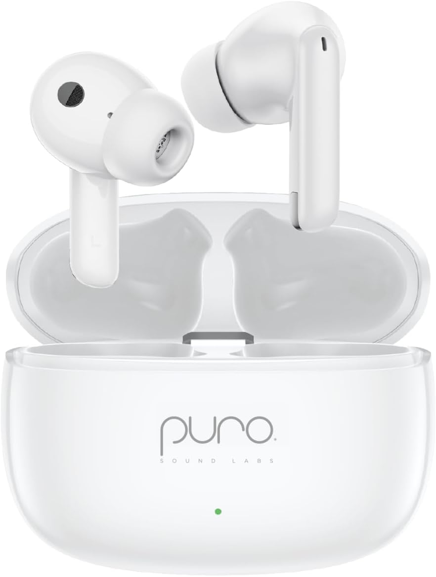 Puro Sound Labs PuroQuiet-Air Active Noise Cancelling Bluetooth Earbuds, Volume-Limited Wireless Earphones for Safe Listening, Soft Touch, Type-C Charging with Built-In Microphone & Secure Fit – White
