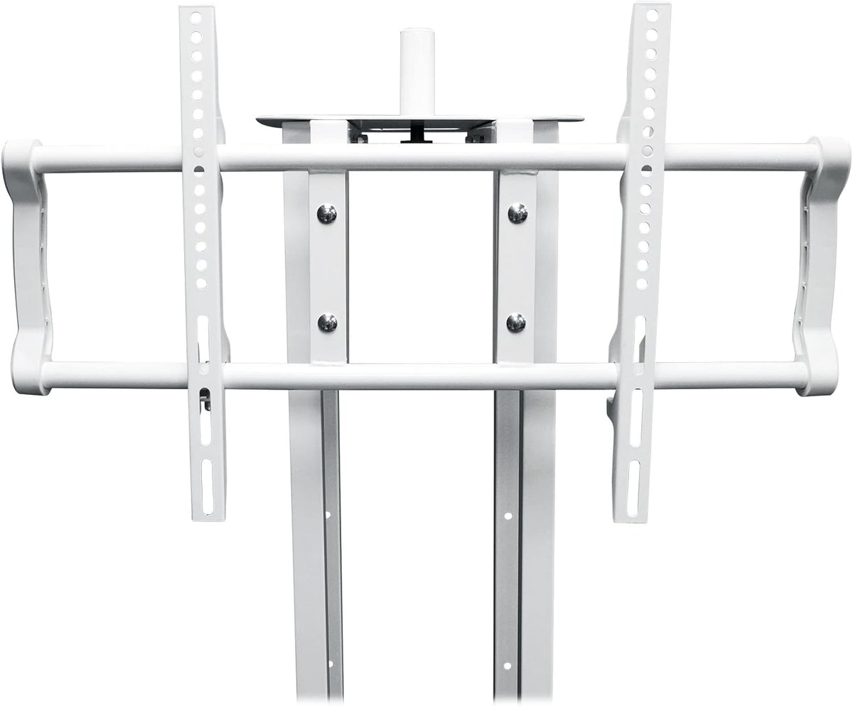 Rockville RTP33-TV Pro White Totem Stand 220 lbs DJ Speaker/Lighting/TV Mount, Detachable TV Mount, Adjustable 39-69 inch Height, Black/White Scrims, for DJs and Event Planners
