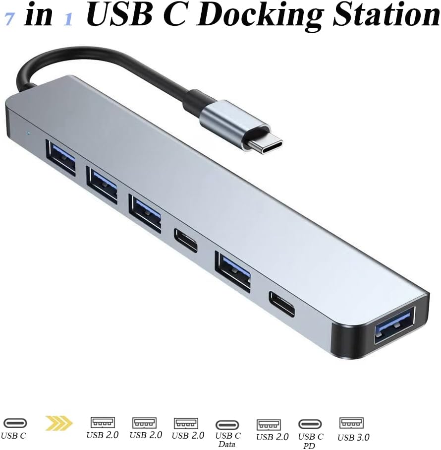 Multiport USB C Adapter, 7 in 1 USB C Docking Station with Fast Charging Port, Compatible with Laptop, Computer, Tablet, Keyboard and More