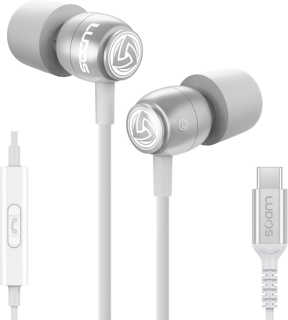LUDOS Clamor USB C Headphones for iPhone 16 15 Pro Max Plus iPad Pro, 5 Years Warranty, USB-C Earbuds for Samsung Galaxy S24 S23 Ultra S22 S21 FE S20 A55 A54 A53, USB Type C Earphones - White