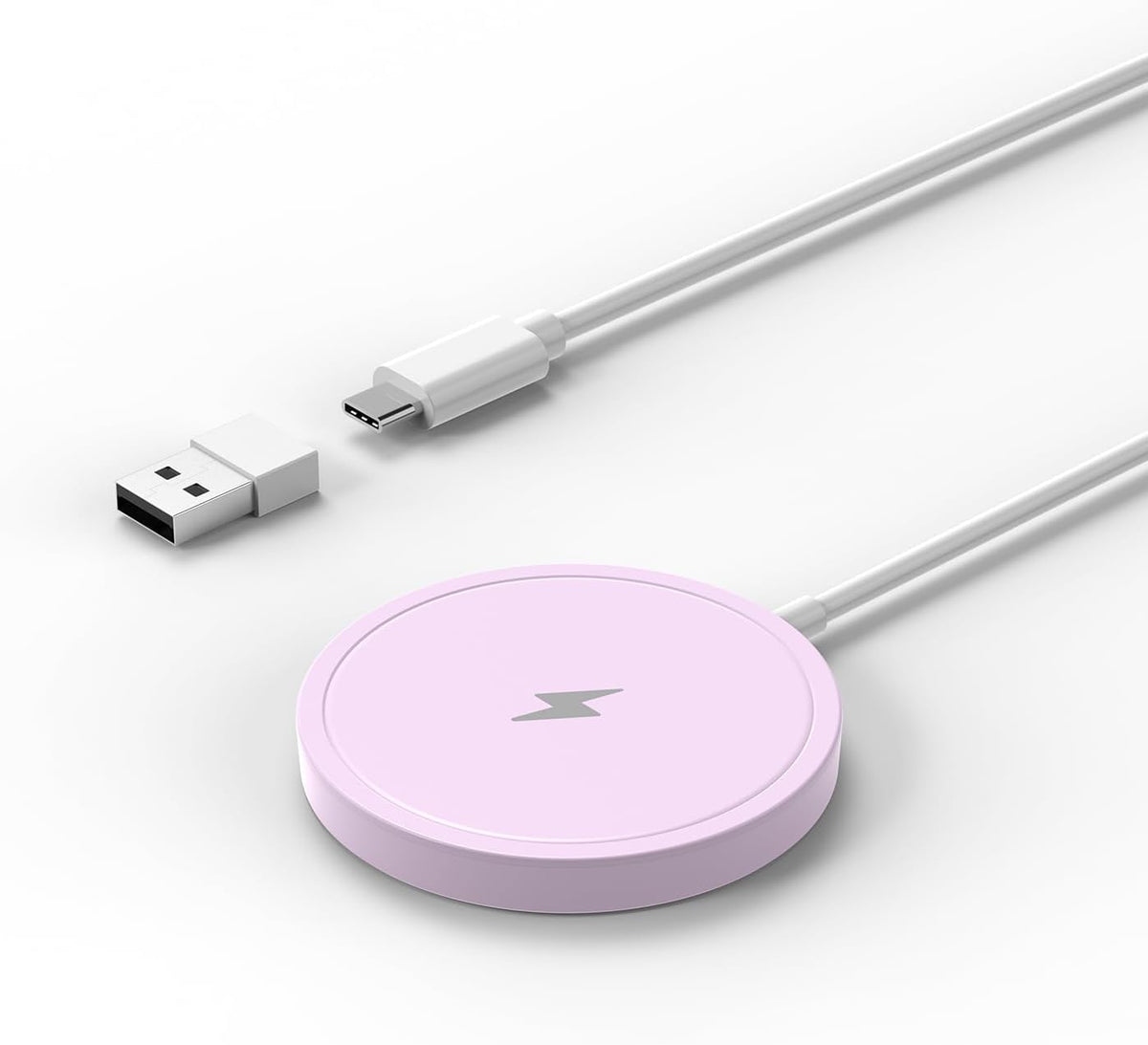 Wireless Charger, 15W Max Fast Magnetic Wireless Charging Pad Compatible with iPhone 16/15/14/13/12 with USB-A Converter Purple