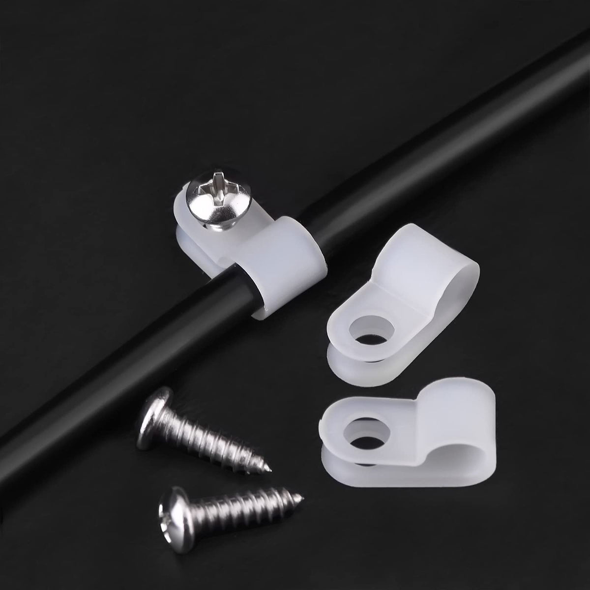 Hicarer 50 Pack R-Type Cable Clip Wire Clamp, Nylon Screw Mounting Cord Fastener Clips with 50 Pack Screws for Wire Management (White,1/2 Inch)