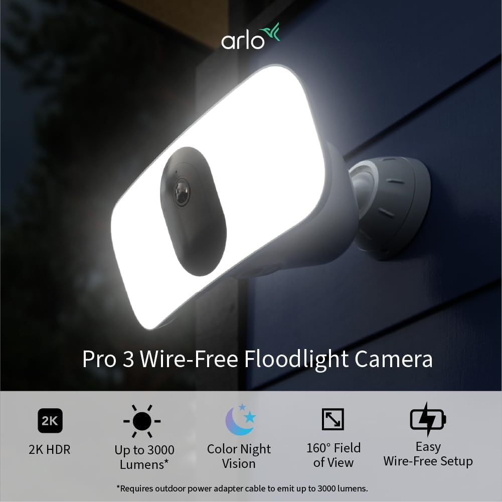 Arlo Pro 3 Floodlight Wireless Camera, Color Night Vision, Motion Sensor, 2-Way Audio, White, 1-Pack (Renewed)