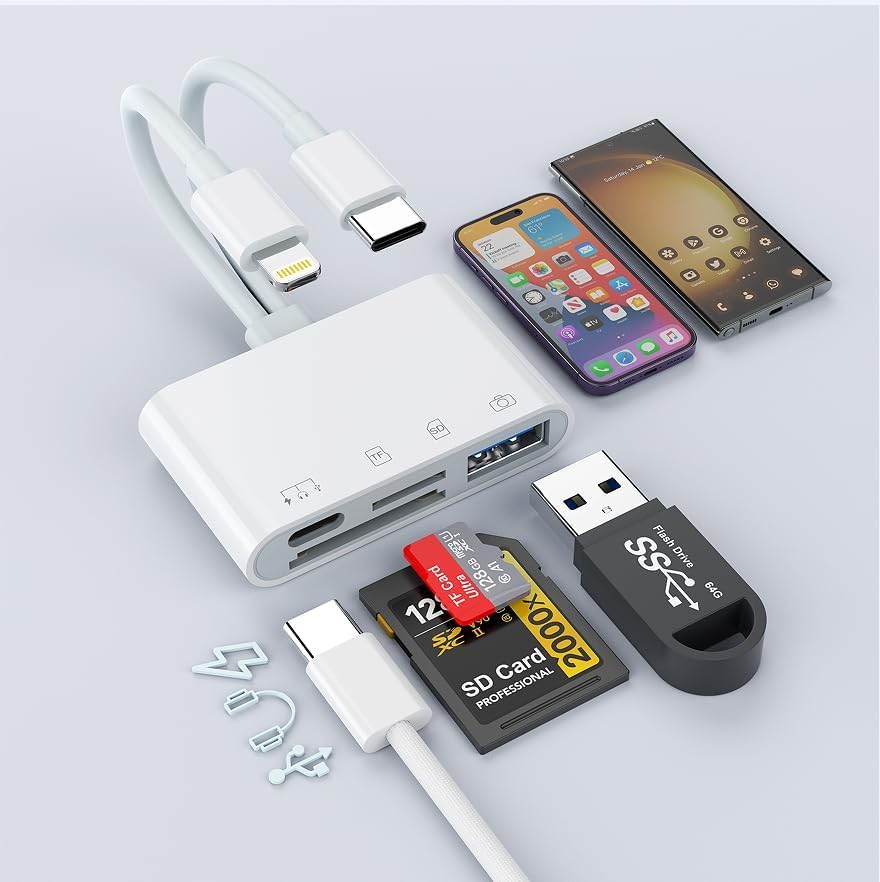 USB C Lightning SD TF Card Reader, 4-in-2 Memory Card Reader for iPhone 15/iPad/Mac/Laptop, Dual Connector Digital Camera Card Adapter with SD+TF+USB OTG+USB C Charging for Photography, Plug and Play