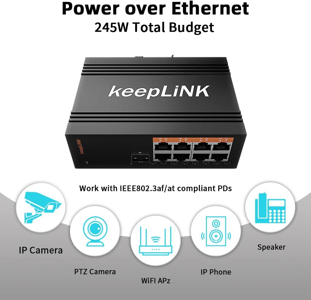 8 Port Industrial PoE Switch Unmanaged, Gigabit PoE Switch with 8 PoE+ Ports @245w, 1 SFP Slot, DIN Rail Hardened Network Switch, IP40