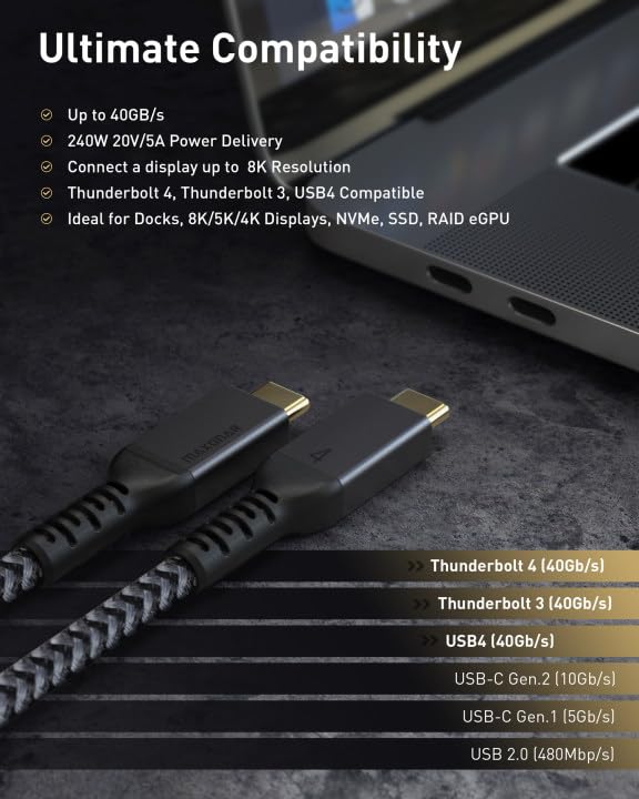 Maxonar [3.3Ft] Thunderbolt 4 Cable, 240W Thunderbolt Cable 40Gbps Sync 8K/5K@60Hz Display and for Thunderbolt 4, Thunderbolt 3, USB4, and USB-C Devices
