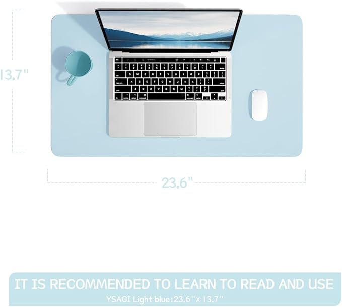 YSAGi Non-Slip Leather Desk Pad, Waterproof Laptop Computer Desk Keyboard Mat, Table Protector Blotter Mat, Large Mouse Pad for Office/Work/Home/Decor(Sky Blue, 23.6" x 13.7")