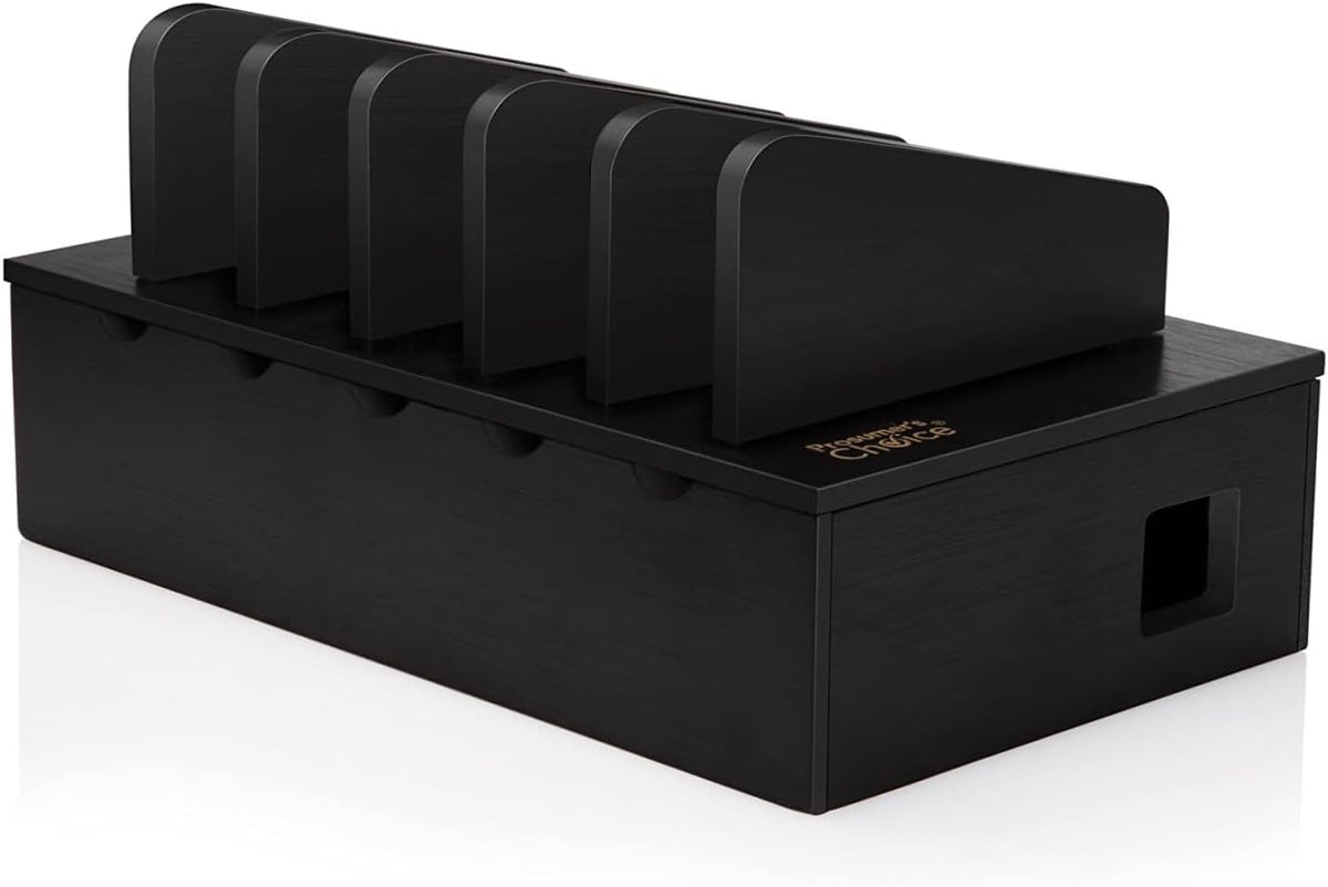 Prosumer's Choice Natural Bamboo Device Charging Station for Multiple Devices | Desk Dock Organizer for Cell Phone, Tablet, Apple iPhone, iPad | with Removable Dividers - Black