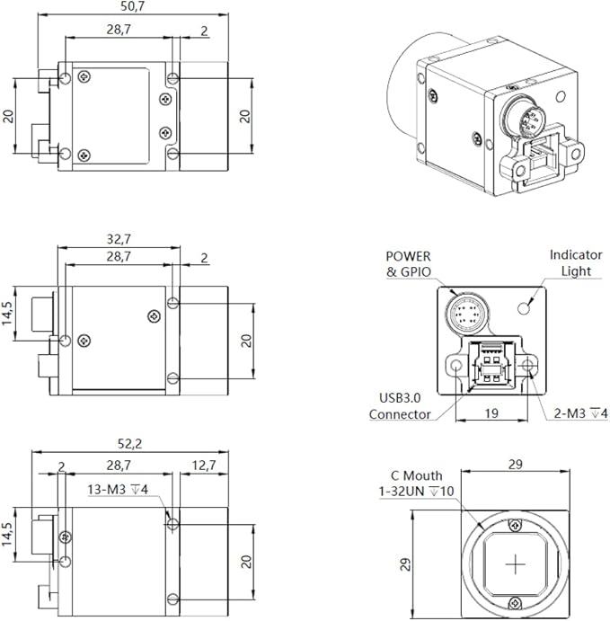 High Speed USB3.0 Color 1.3MP 1/2 Machine Vision Global Shutter Digital Industrial Camera C-Mouth Supports Windows and Linux SDK Area Scan Camera 1280x1024 211FPS Indoor