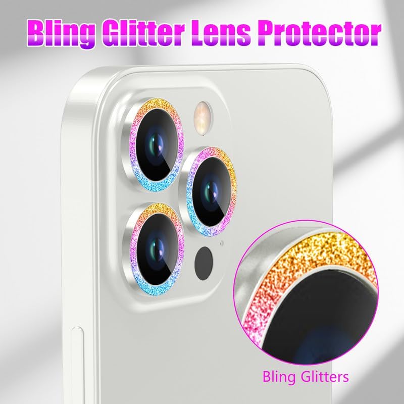 AGVEE 3+3 6 Pack for iPhone 12 Pro Max 6.7" Camera Lens Cover Protector, Bling Diamond & Bling Glitter Metal Ring 9H Tempered HD Glass Camera Cover Protector Film, Bling-Colorful