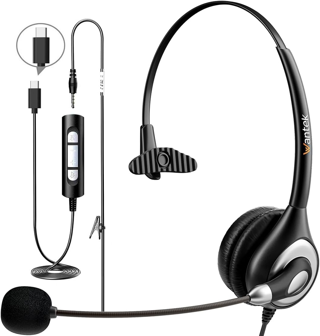 Wantek Headset with Microphone for PC Wired Headphones - USB C 3.5mm Headsets with Noise-Cancelling Microphone for Laptop