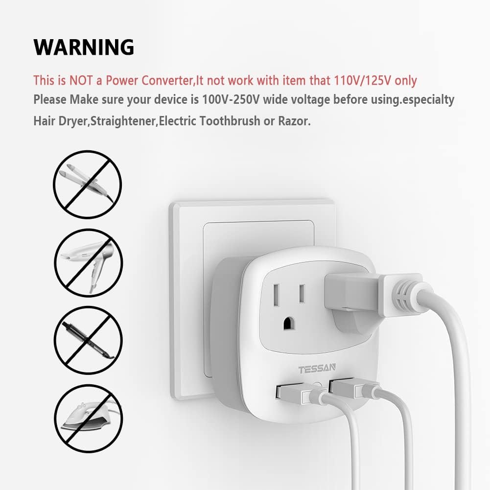TESSAN US to UK Plug Adapter, Type G Travel Adaptor with 2 USB 2 Electrical Outlets, UK Power Adapter for USA to Ireland England London Scotland British Dubai Kenya Hong Kong Qatar, 2-Pack