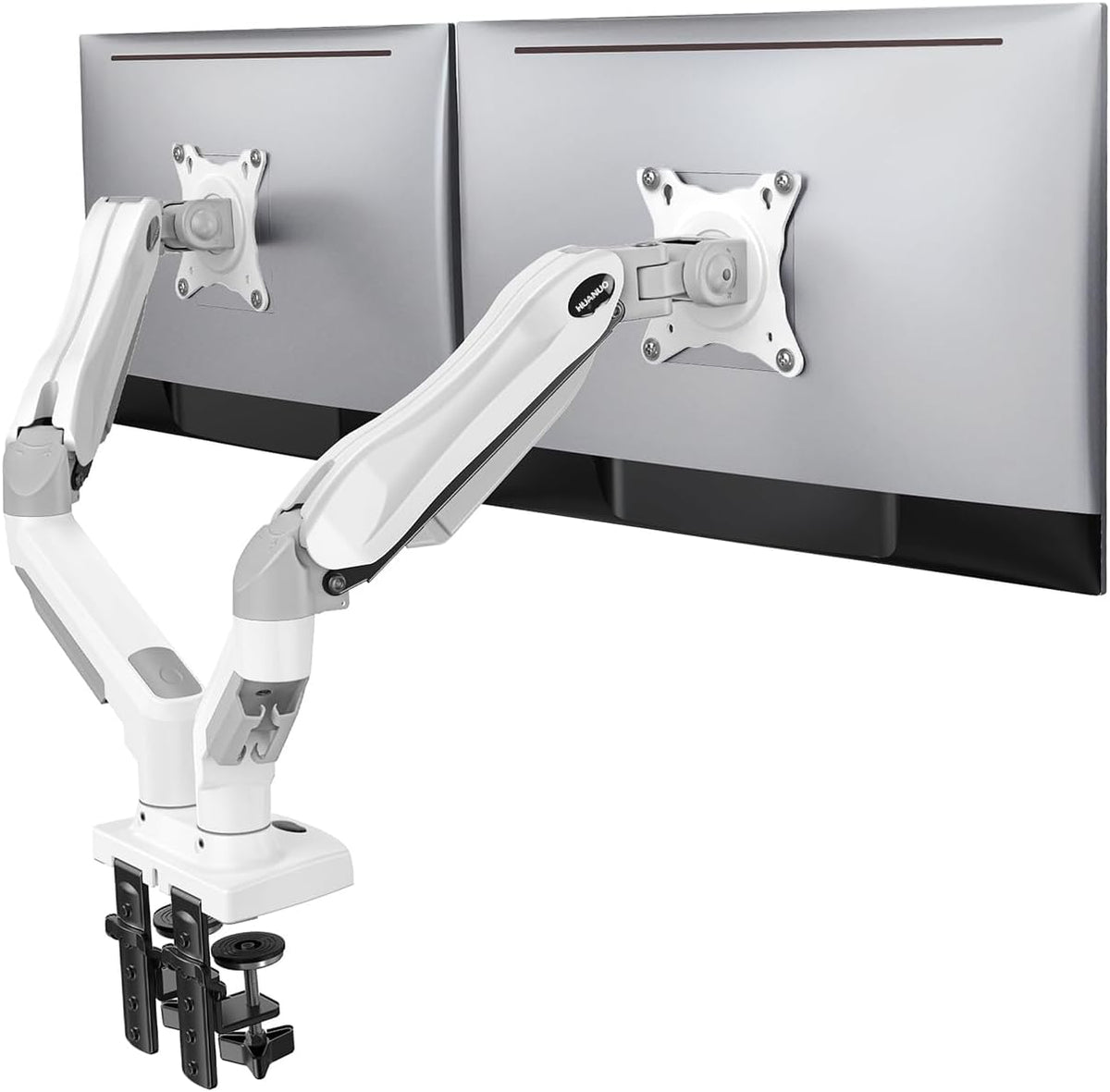 HUANUO Dual Monitor Stand - Full Adjustable Monitor Desk Mount Swivel Vesa Bracket with C Clamp, Grommet Mounting Base for 13 to 32 Inch Computer Screens - Each Arm Holds 4.4 to 19.8lbs - White