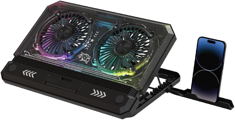 Gaming Crystal Shell Laptop Cooling Pad with Phone Holder, Dual High-Speed Fans, 8-Level Adjustable Height, RGB Lighting, Anti-Slip Base, USB-A & USB-C Ports – Black (for 10-17” Laptops)