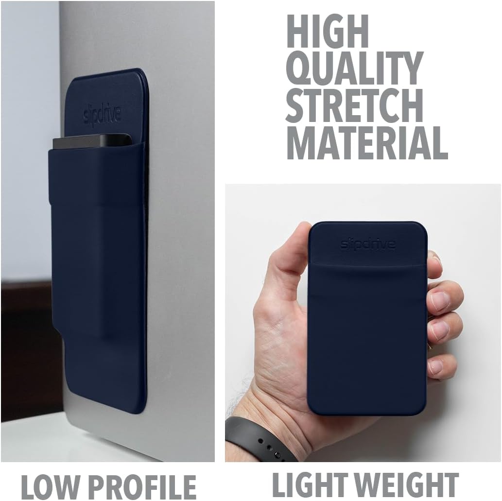Slipdrive - Portable Hard Drive Sleeve for Laptop - SSD Solid State Drive - Reusable Adhesive - 5” x 3.2” Stick on External Hard Drive Carrying Case - Travel Pocket Pouch (Small, Navy Blue)