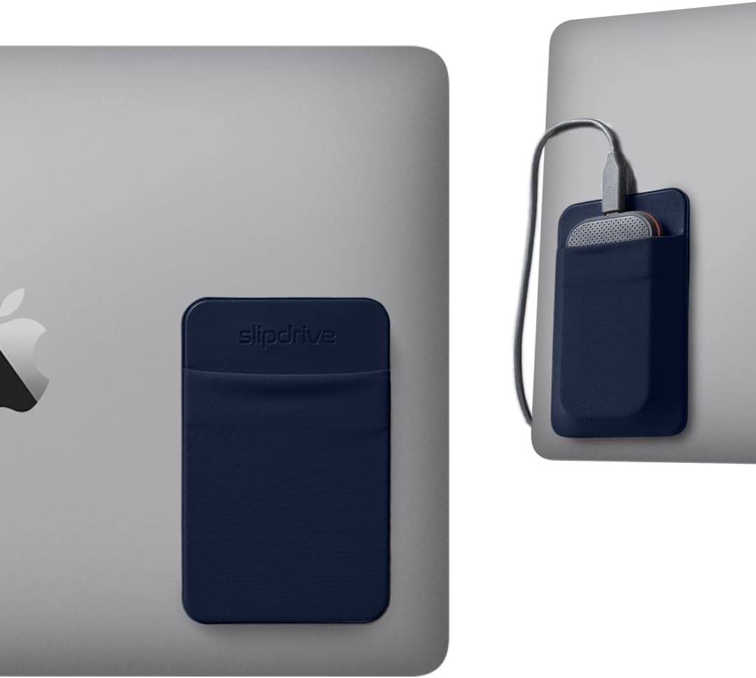 Slipdrive - Portable Hard Drive Sleeve for Laptop - SSD Solid State Drive - Reusable Adhesive - 5” x 3.2” Stick on External Hard Drive Carrying Case - Travel Pocket Pouch (Small, Navy Blue)
