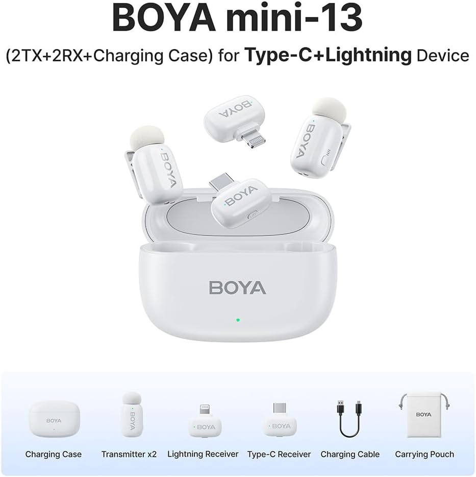 BOYA mini Wireless Microphone for iPhone/Android/PC/Tablets with USB C/Lightning Plug, MFi Certified, Noise Reduction, AI Voice Changer, 30H Battery Life with Charging Case for Video Recording Podcast